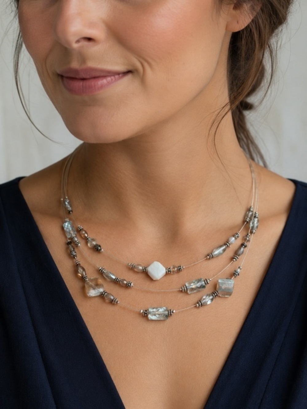 Layered Silver Tone Beaded Necklace Aqua Glass White Stone J.Crew Style